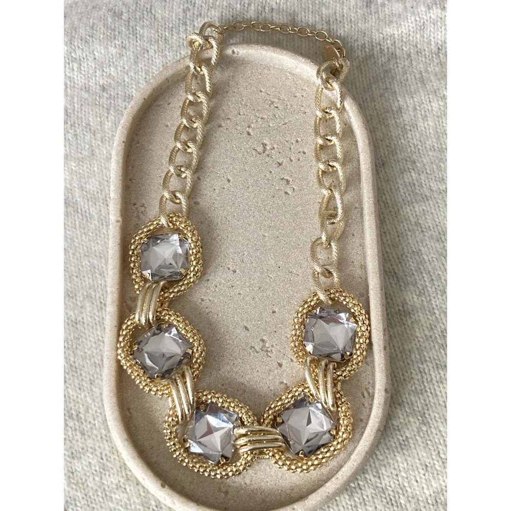 Cara Chunky Gold Tone Necklace Large Clear Faceted Faux Stones Statement Costume